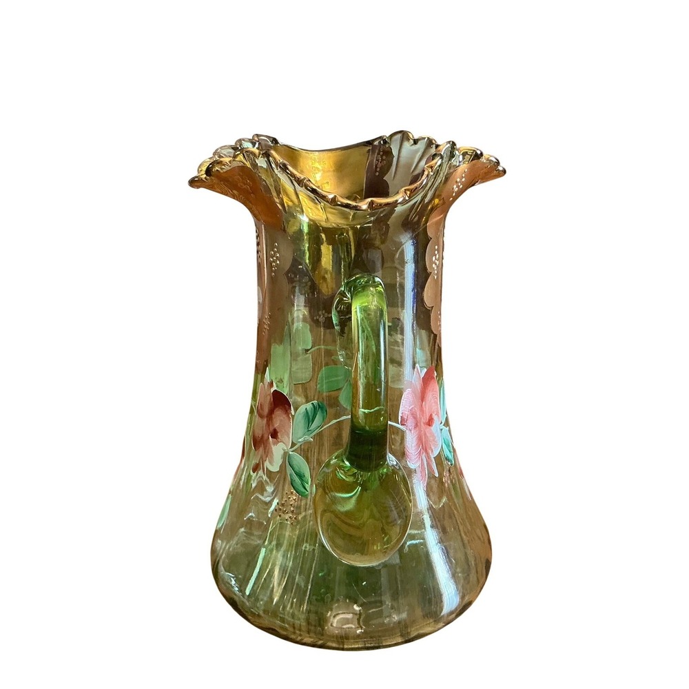 Vintage Bohemian Green Glass Pitcher & 6 Glasses Hand Painted Floral Gold Set - Picture 7 of 16